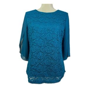 Grace Karin Teal Lace Blouse with Sheer Sleeves Women’s Size M